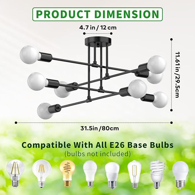 Modern Sputnik Chandelier Ceiling Light Fixtures, 8-Lights Mid Century Industrial Metal Semi Flush Mount for Dining Room, Bedroom, Living Room-Black