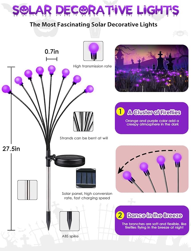 Halloween Decorations Outdoor Solar Firefly Lights 6 Pack 48 LED Purple | 2 Lighting Modes, Memory Function and Auto On/Off, Sway with Wind, Waterproof Halloween Decor for Outside Horror Party Garden