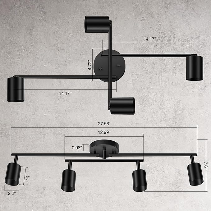 4 Light Track Lighting Kit Kitchen, Black Track Lighting Fixtures Ceiling, 4 Way Modern Flexible Spot Track Lighting, Industrial LED Lights for Room Hallway Bedroom(GU10 Socket, Bulb Not Included)