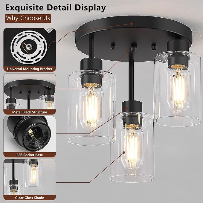 Farmhouse Flush Mount Ceiling Light, Black 3-Light Hallway Light Fixtures Ceiling with Clear Glass Shades, Light Fixtures Ceiling Mount for Kitchen Living Room Foyer, E26 Base