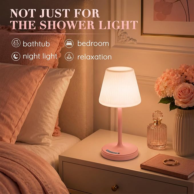 Waterproof Shower Lamp, 4000mAh Cordless Table Lamp, 3-Color Dimmable -Pink | touch dimmable, weighted base, bathroom shower light, patio dinner, RV camping, charge your phones, memory night light