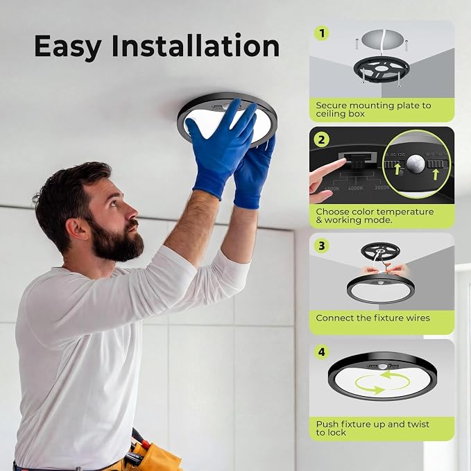 hepside 4 Pack Motion Sensor Ceiling Light Wired, 3000K/4000K/6500K LED Flush Mount Ceiling Light Fixture, 8.7Inch 18W Motion Sensor Light with Timer for Closet Stair Porch Hallway Pantry,Black