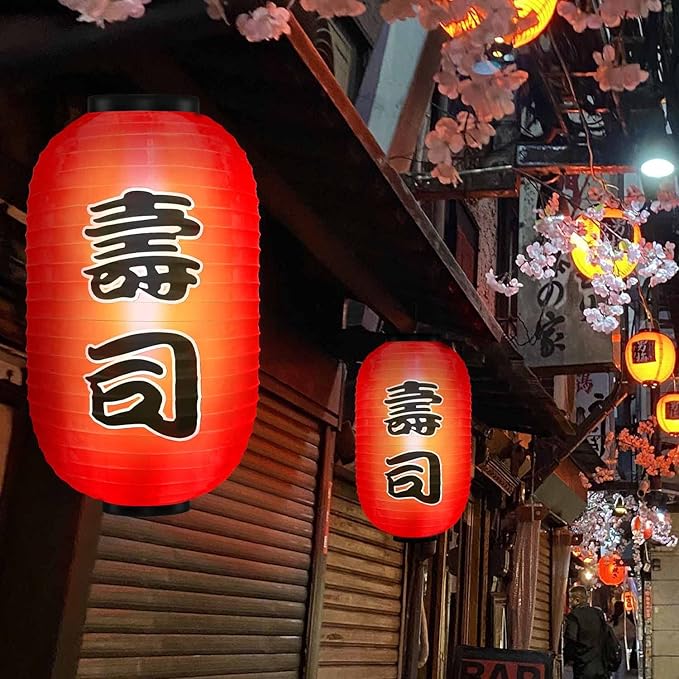 Traditional Japanese Style Red Silk Hanging Sushi Bar Lantern 10x18 Inch, ZUEXT Set of 4 Waterproof Festive Indoor Outdoor Lanterns Home Yard Sushi Ramen Restaurant Decoration