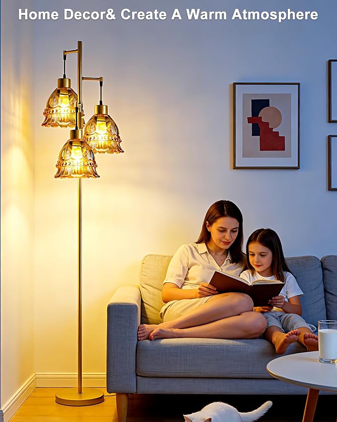 Lightdot 3-Lights Glass Floor Lamp Dimmable Gold Floor Lamps with Brown Glass Shade 3000K Bulbs Included Unique Modern Standing Tall Lamp with 5Lbs Heavy Base for Living Room/Bedroom/Sofa Beside