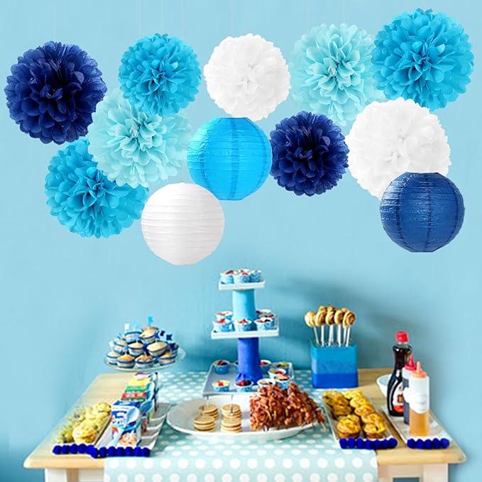 Blue-White Birthday Party-Decorations Paper-Flowers Lanterns - 15PCS Light Royal Tissue Pom Poms Streamers,Classroom Ocean Themed Baby Bridal Shower Bachelorette Wedding Hanging Supplies Decor Hugfond