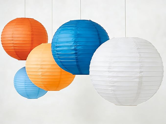 Blue & Orange Paper Lanterns Set (12 Pcs) - 6/8/10 Inch Hanging Lanterns for Cartoon Parties, Sports Events, Birthdays & Home Decor