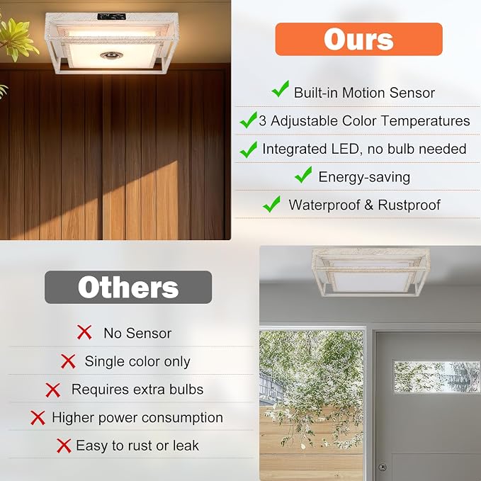 White LED Motion Sensor Outdoor Ceiling Light Square Flush Mount Lights | 10.5", Motion Sensor, Dusk to Dawn, Adjustable Color, Waterproof, Modern, For Exterior Porch Garage Entryway