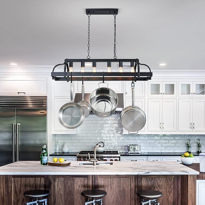 WUZUPS 6-Light Metal Pot Hanging Rack Chandelier Linear Pendant Ceiling Lighting Rustic Farmhouse Fixture Kitchen Island Dining Room, H 9.8" L 40.6" W11.8, E26 Base, Black