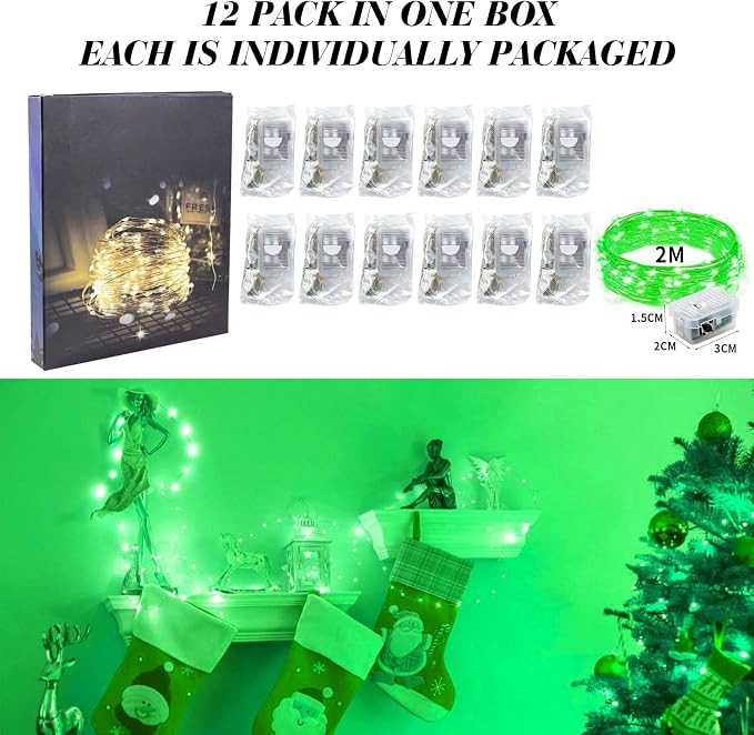 ZGWJ 12 Pack Green Fairy Lights, Mini String Lights | Battery Operated 7 FT 20 LED Waterproof 3 Modes for DIY, Parties, Wedding, Halloween, Christmas Decoration