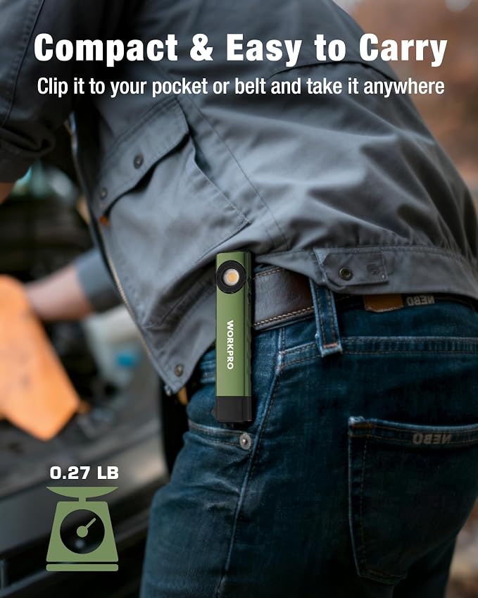 WORKPRO Rechargeable Pocket Flashlight, Magnetic EDC Light with UV, Green | Compact, 600 Lumens LED & UV Light, 2 Magnetic Bases, Pocket Clip, 7 Modes, Camping, Garage, Repair & Emergency Use
