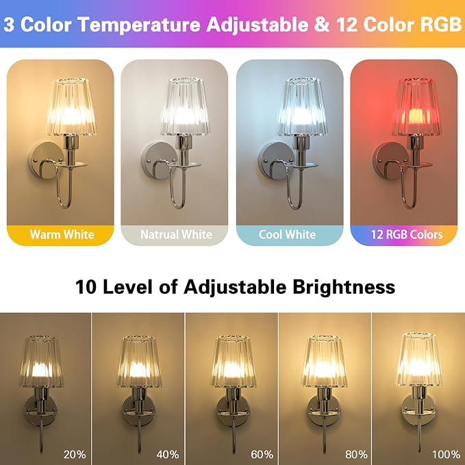 Battery Operated Wall Sconces Set of 2, Sliver Crystal Wall Lights | 5200mAh rechargeable wall lights with magnetic bulbs, remote control, 15 colors, 10-level dimming and timer for bedrooms