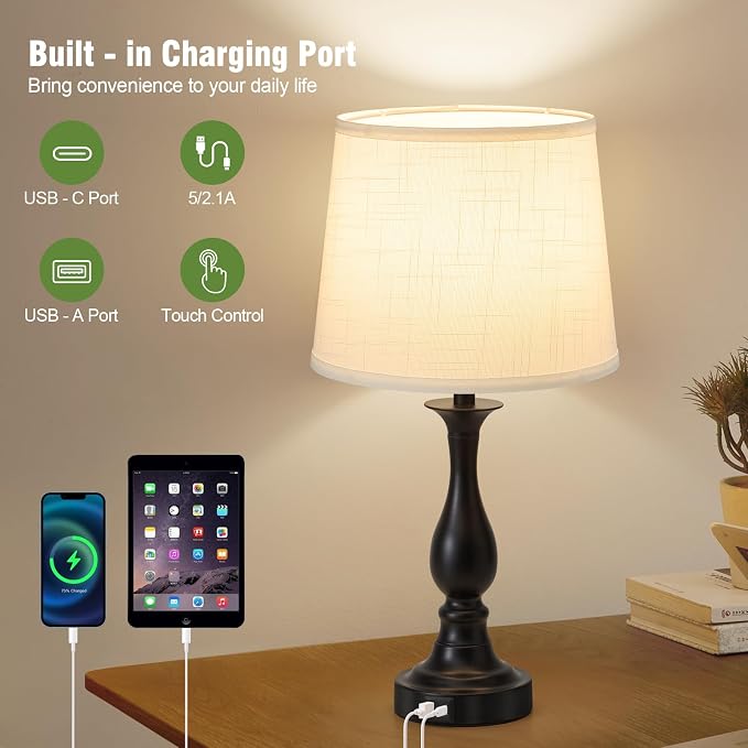 Bedside Table Lamp Touch Control Bedroom Lamps with USB A + C Charging Port 3 Way Dimmable Touch Lamps for Nightstand Living Room Bedroom Dorm Home Office Reading, Set of 2 (White Shade & Black Base)