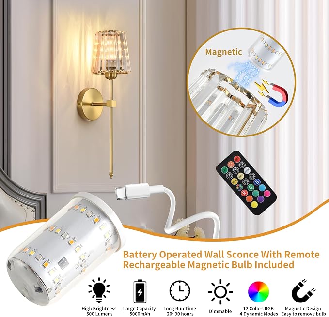 Battery Operated Crystal Wall Sconces Set of 2, Gold Wireless Wall Sconce with USB Rechargeable LED Light Bulbs 12 Colors Dimmable Crystal Wall Lamp with Remote for Bedroom Living Room, Bulbs Included