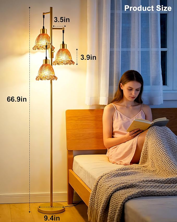 Lightdot Glass Floor Lamps for Living Room, 3-Light Dimmable Floor Lamp with Rose Red Glass Shade& E12 Bulbs Included, Mid Century Standing Tall Lamp with 5Lbs Heavy Base for Bedroom/Sofa Beside-Gold