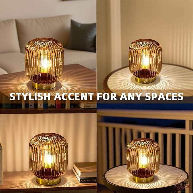 MJ PREMIER Rechargeable Table Lamp, Yellow Glass Lamp with Memory Function, Small Cordless LED Lamp with Dimmable Brightness, Decorative Touch Lamps for Bedroom Living Room (Yellow)