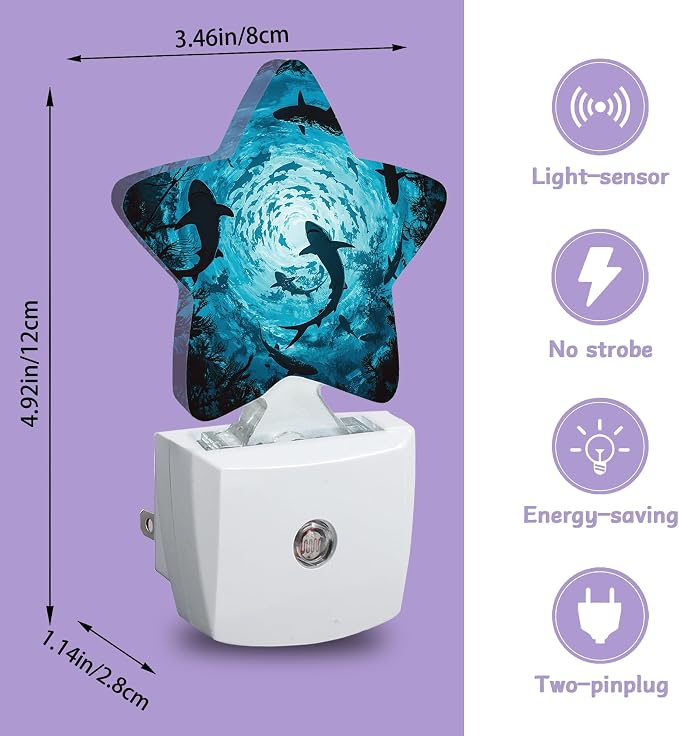 Sharks Swimming Decorative Nightlight Plug in Wall,Deep Blue Sea Star Shaped Night Light with Built in Sensor for Home Decor,Kitchen Hallway Stairs Desk Lamp