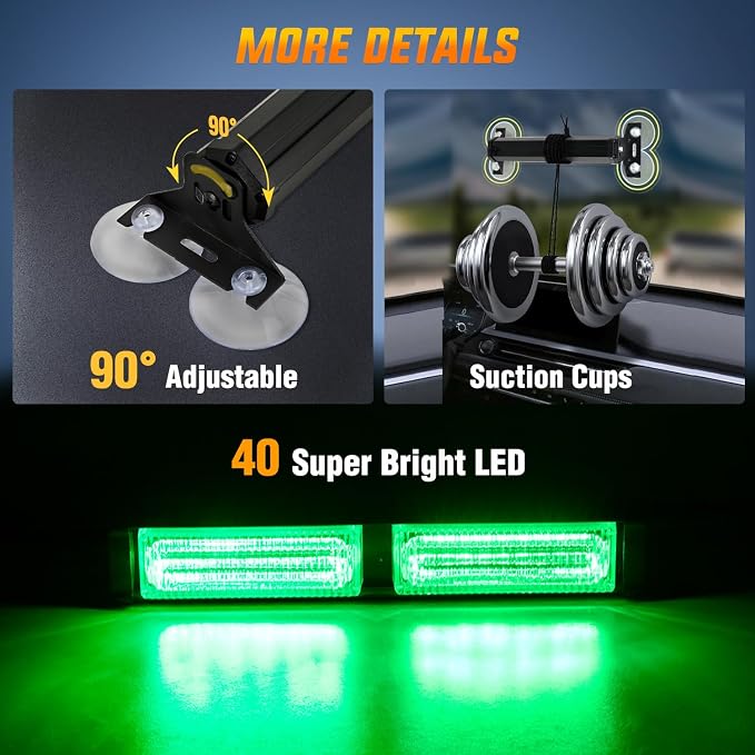 Nilight 40LED Green Emergency Strobe Traffic Advisor Light Bar with Suction Cups Dash Safety Warning Hazard Flashing Lights Interior Front/Rear Windshield for Trucks Construction Vehicles | with Suction Cups Dash Safety Warning Hazard Flashing Lights I...