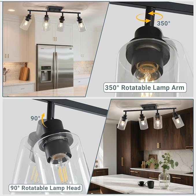 LOUSACE 4 Light Kitchen Track Light Fixtures Ceiling Vanity Lights Black, Bathroom Track Lighting Kit w/Rotatable Heads & Clear Glass Shade, Modern Wall Ceiling Tracking Light for Accent Shop Hallway