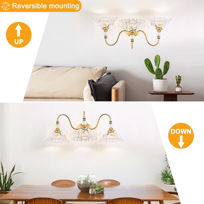 Modern Bathroom Vanity Light Fixtures 3 Lights Brushed Gold Vanity Lights for Bathroom with Floral Crystal Glass Shade Modern Wall Lighting Fixtures Over Mirror(Exclude E26 Bulb)