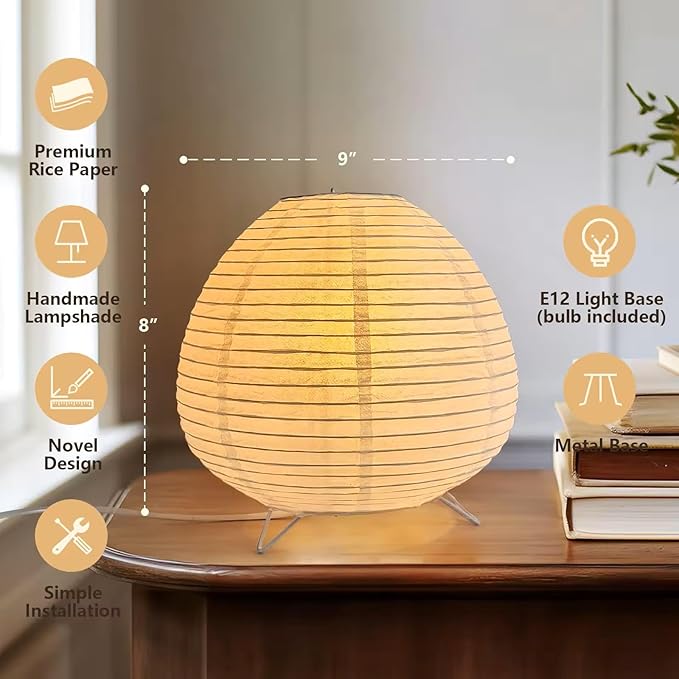 Small Paper Lantern Lamp, Japanese Paper Table Lamp with 3 Color, Cute Rice Paper Lamp for Desk Bedroom Bedside (e12 Bulb Base) Bulb Included