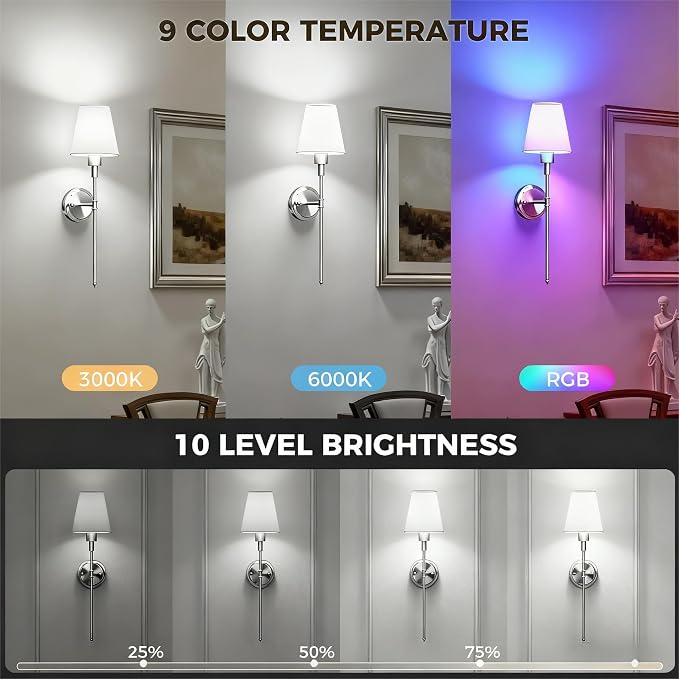 Battery Operated Wall Sconce: Set of 2 Wireless Wall Light 12000mAh | 15 Color Rechargeable Wall Sconces, Sconce Wall Decor Set of 2 for Bedroom, Living Room, Chrome, 24.6in