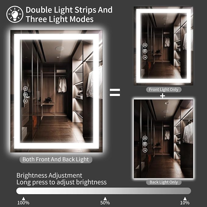 Koonmi 60x36 LED Bathroom Mirror with Light, Anti-Fog, 3 Colors | Backlit + Front Lit, Dimmable Brightness, Shatterproof HD Distortion-Free Tempered Glass, Hardware Included