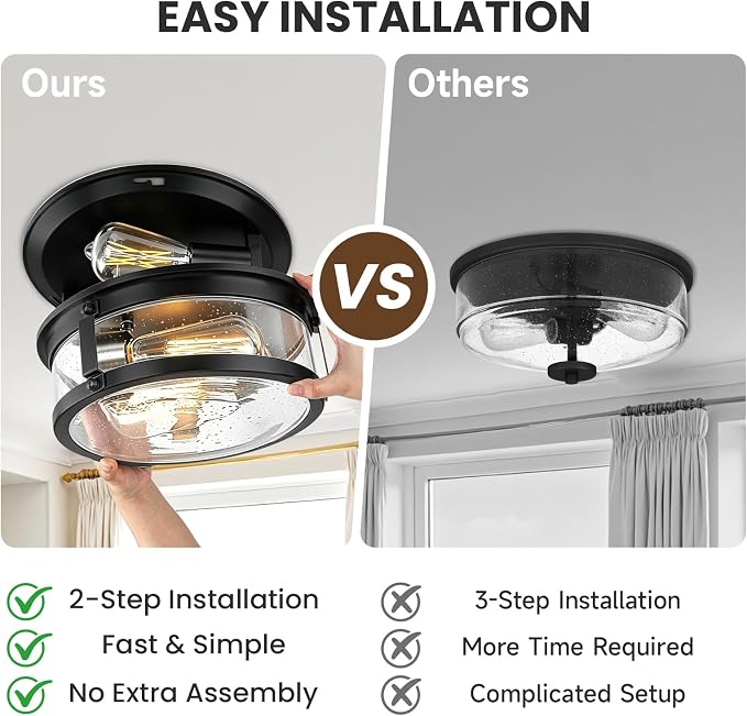 Farmhouse Black Flush Mount Ceiling Light Fixtures with Seeded Glass | Lampshade & Metal Frame, 2-Light Industrial Close to Ceiling Light for Kitchen, Hallway, Entryway, Bedroom, Forer, Entryway