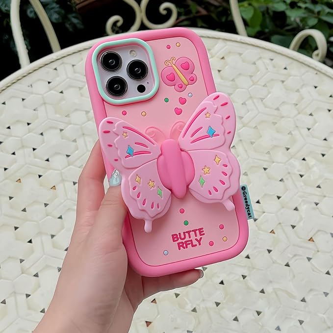 Kawaii Phone Case for iPhone Xs with Kickstand 3D Cute Sweet Butterfly Silicone Protective Case Cover for Women & Girl