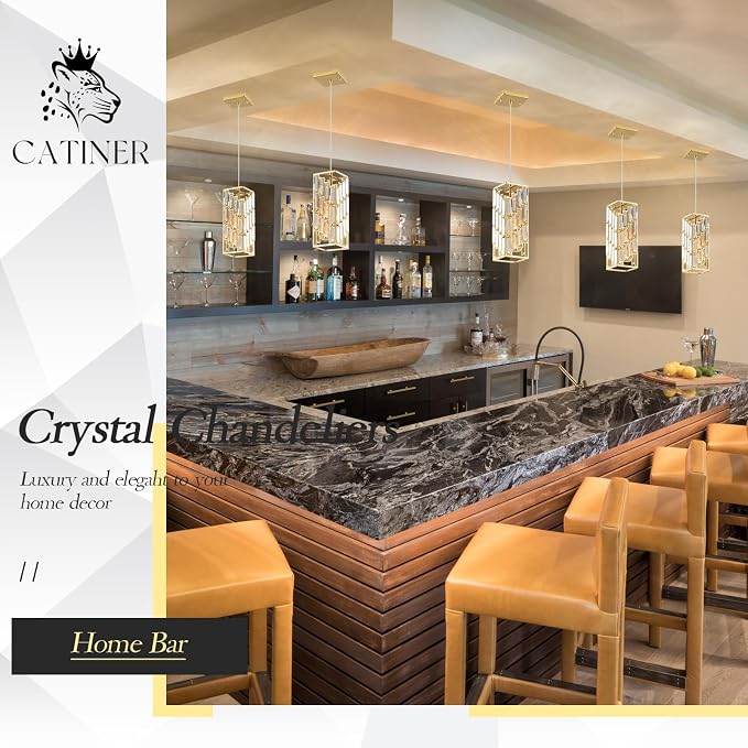 CATINER Gold Crystal Pendant Light, Mini Hanging Light, E26 | Gold crystal pendant light with adjustable 59" cord, E26 base, dimmable, ideal for kitchen island lighting