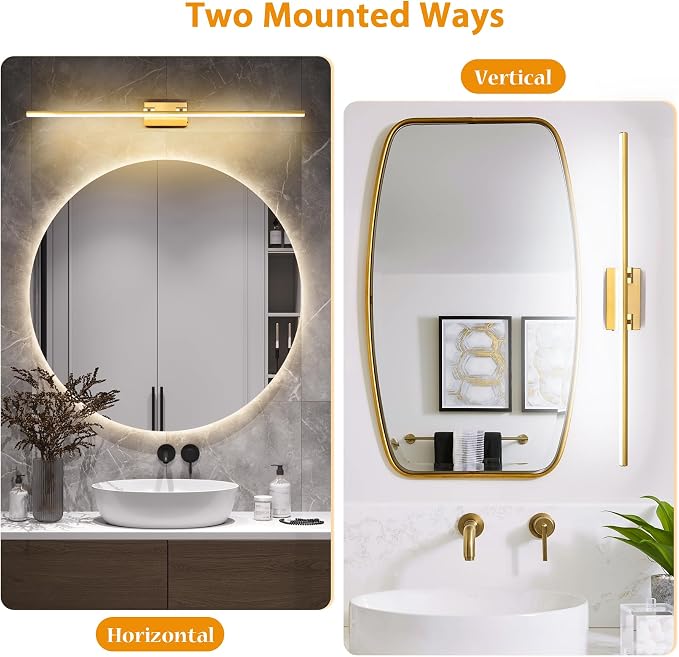LED Bathroom Vanity Light, Modern Bathroom Light Fixture Over Mirror (3000K/4000K/6000K, Dimmable), Vanity Light Bar with Angle Adjustable, 48 Inch, Brass