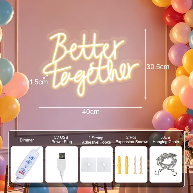 Better Together Neon Sign, LED Neon Sign Wall Decor for Wedding Bedroom Christmas Valentine's Day Women Birthday Gift Living Room Home Decor, 16"x 12" USB Powered 10 Brightness Settings Light