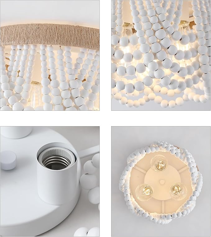 AMZASA White Boho Wood Beaded with Hemp Rope Flush Mount Ceiling Light Farmhouse Small Chandelier Light Fixture for Bedroom Hallway Entryway Closet Kitchen Dining Room Living Room Nursery