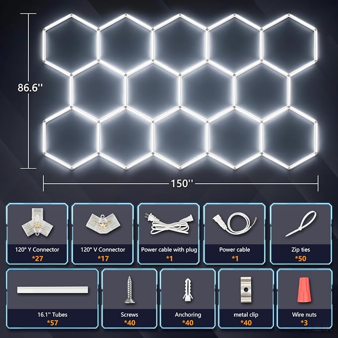 Bevenus Hexagon Garage Lights, 399W 6500K Super Bright LED Ceiling Light, Easy Install DIY Honeycomb Hex Light for Basement Workshop Warehouse Gym Car Detailing Shop (14 Grids)