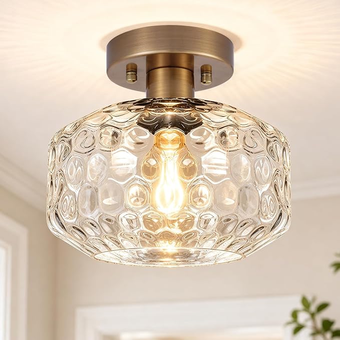 Brushed Antique Brass Semi Flush Mount Ceiling Light, Vintage Small Ceiling Light Fixture, Hallway Lighting Fixture with Hammered Glass, Kitchen Ceiling Mount Light for Entry Way, Bedroom, Bathroom