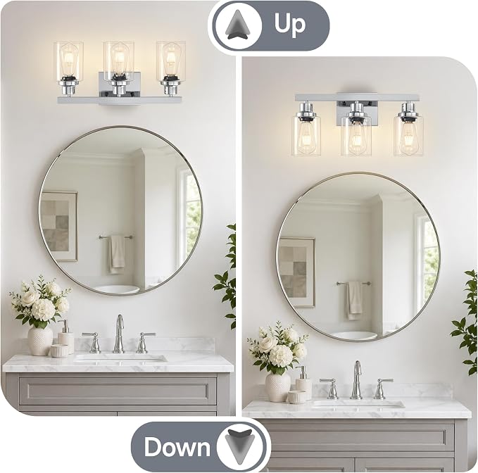 3 Light Bathroom Light Fixtures,17" Polished Chrome Vanity Lights | Modern Vanity Lights over Mirror with Clear Glassshades,Farmhouse Bathroom Wall Sconece over Sink,E26 Base