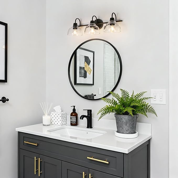 KSANA Black Bathroom Light Fixtures, Modern Farmhouse Vanity Lights Over Mirror 3-Light Bathroom Wall Mounted Sconce with Dome Glass Shade