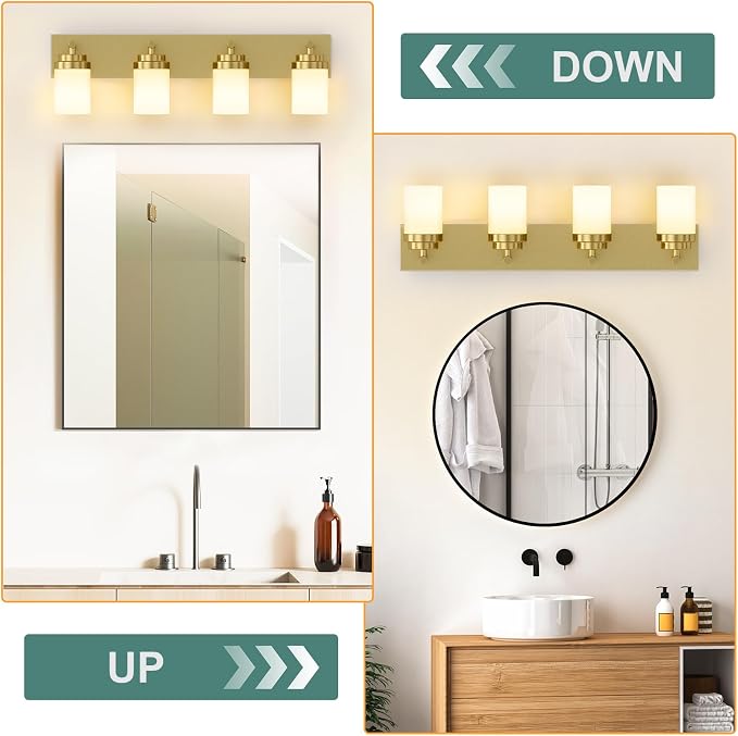 IZORRO Bathroom Vanity Light Fixture, 4-Light 30 Inch Gold Bathroom Light Fixtures Over Mirror, with White Glass Shade, Modern Farmhouse Vanity Lights, Rustic Restroom Lighting Fixtures