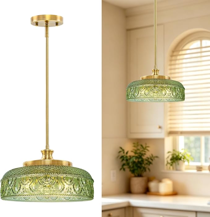 3-Light Pendant Light, Adjustable Pendant Lights Kitchen Island, Green | Farmhouse Pendant Ceiling Hanging Light Fixtures with Glass Shade for Living Room Corridor, Height Angle Adjustable, 3*E12