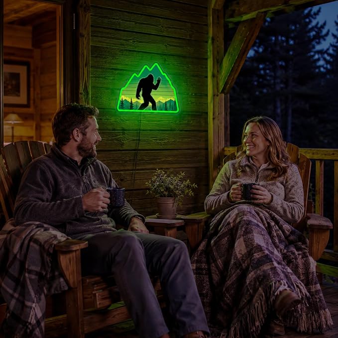 Bigfoot Neon Sign Green LED Sasquatch Neon Sign Forest Nature Room Decor | UV-Printed Sasquatch Neon Sign Dimmable Green Neon Light with Mountain Wilderness Design for Game Room Man Cave Bedroom Cabin