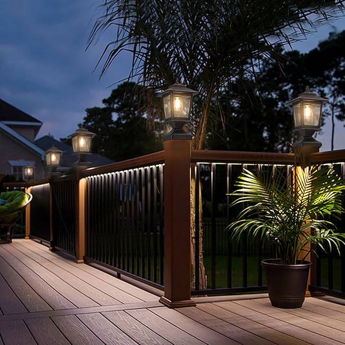 Derynome Solar Post Cap Lights, Waterproof Outdoor Light for 4x4 Wooden Posts, Solar Lights with Glass Shade for Deck Fence Patio Post Decor,Bronze (2 Pack)