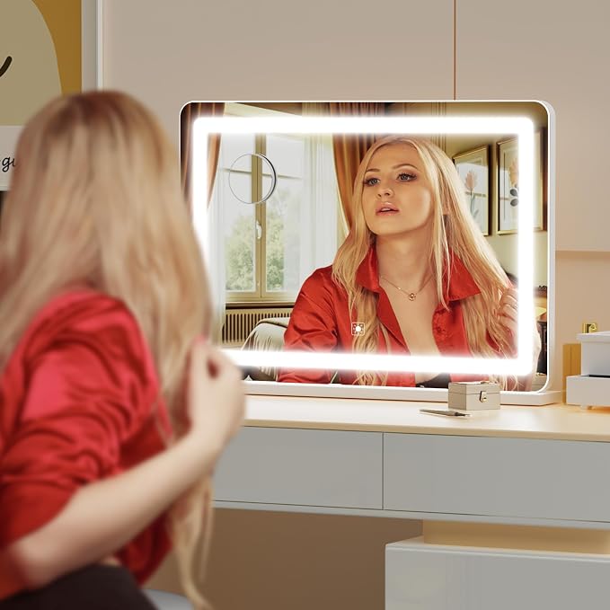 Gvnkvn Makeup Vanity Mirror with USB Charging Port 28" x 22" Large LED Makeup Mirror, Desk Mirorr with Lights, Light up Mirror with 10X Magnification and, Dimmable 3 Modes, Touch Control White