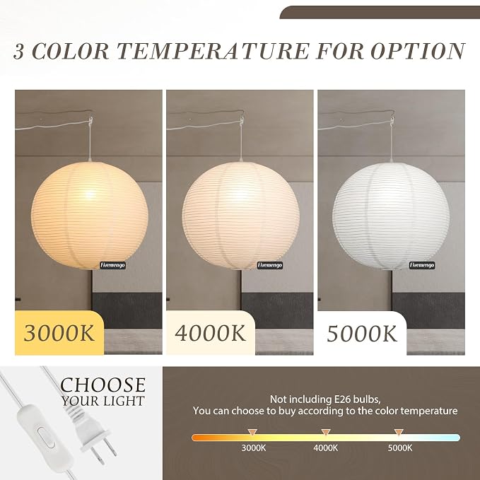 20in Paper Lanterns Plug in Hanging Lamp White, 19.7FT Cord | Rice Paper Lamp Lantern Pendant Light Large Globe Japanese Japandi Wabi Sabi Chandelier for Dining Living Room Bedroom 1 Pack