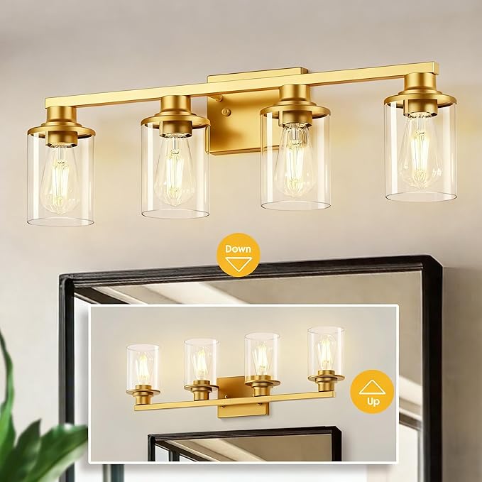 L LOHAS LED Gold Bathroom Light Fixtures with Clear Glass Shade, 4 Light Vanity Lights for Bathroom, Vanity Lights for Mirror Bedroom Hallway