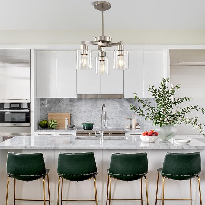 Modern Dining Room Chandelier, 3-Light Brushed Nickel Pendant Light | Industrial Pendant Light, Clear Glass Shade, Adjustable Height, E26, Dimmable