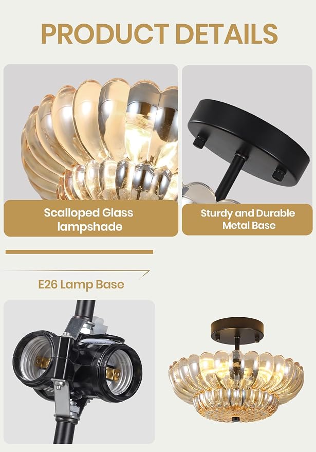 Semi Flush Mount Ceiling Light, Vintage Black Close to Ceiling Light Fixture with Glass Shade, Mid Century Modern Lighting for Bedroom Hallway Kitchen Laundry-Amber