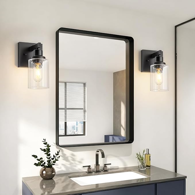 Set of 2 Wall Sconces for Bathroom, Black Bathroom Vanity Light,Modern Wall Sconces Indoor with Clear Glass,Farmhouse Wall Lamp for Bedroom Living Room Mirror Hallway