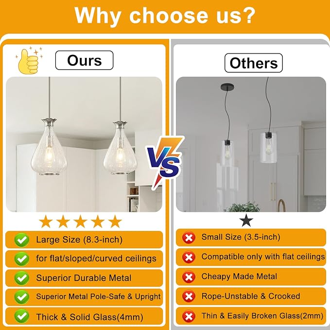 Modern Pendant Lights Kitchen Island, 1 Pack Brushed Nickel Pendant Light Fixtures with 8.5" Clear Crack Glass Shade, Industrial Hanging Pendant Lights Fixture for Kitchen Island Dining Room Entryway