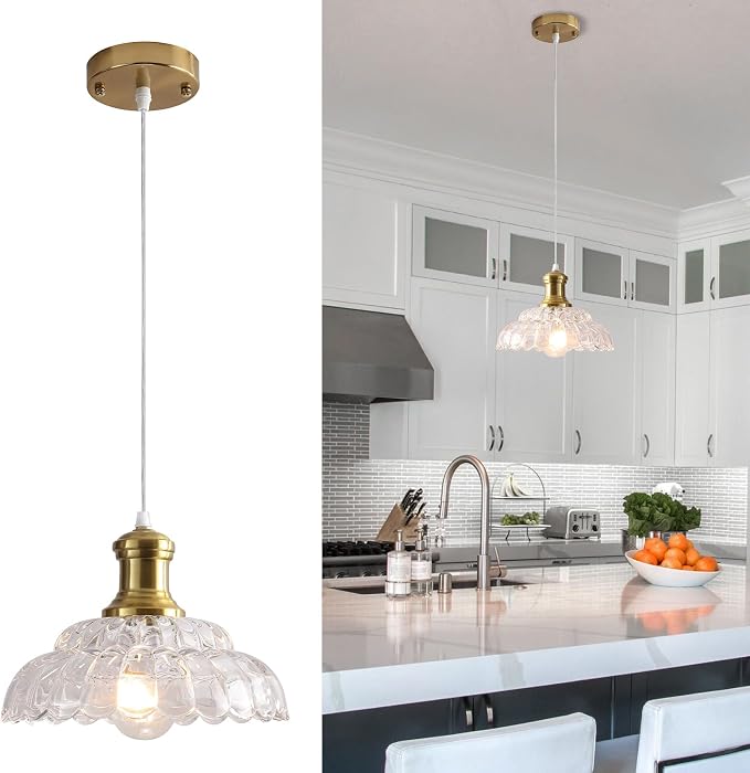 Antique Pendant Light, Gold Pendant Light with Flower Clear Glass Shade, Vintage Pendant Light Fixture for Kitchen Island, Dining Room, Bedroom, Living Room, Entryway, Hallway