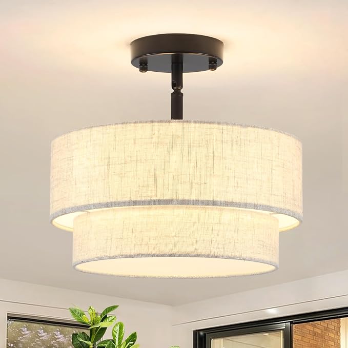 3-Light Semi Flush Mount Ceiling Light, 12.6 Inch Drum Black Chandelier Fabric Metal Kitchen Light Fixture, Dimmable Dining Room Light Fixture E26 Base Chandeliers for Living Room Bedroom