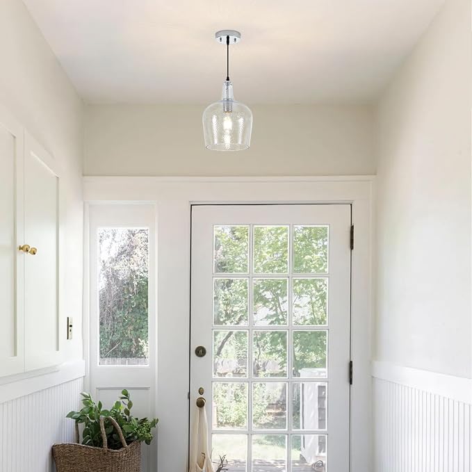 10”Chrome Hammered Glass Pendant Light Modern 1 Light Single Dome Pendent Lighting Fixtures for Kitchen Island Dining Room Hallway, UL Listed